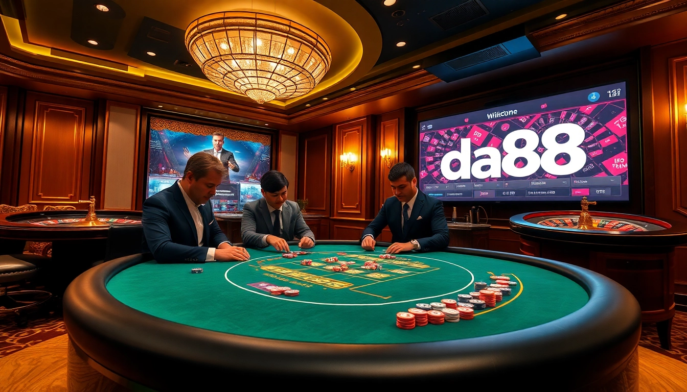 Players engaging in a competitive poker game at a luxurious casino, showcasing the excitement of da88.