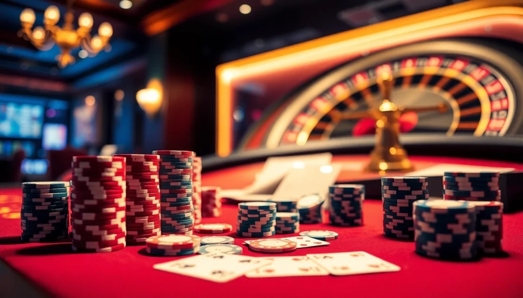 Experience the thrill of high-stakes poker at 8day.cn.com with vibrant chips and cards in an upscale casino.