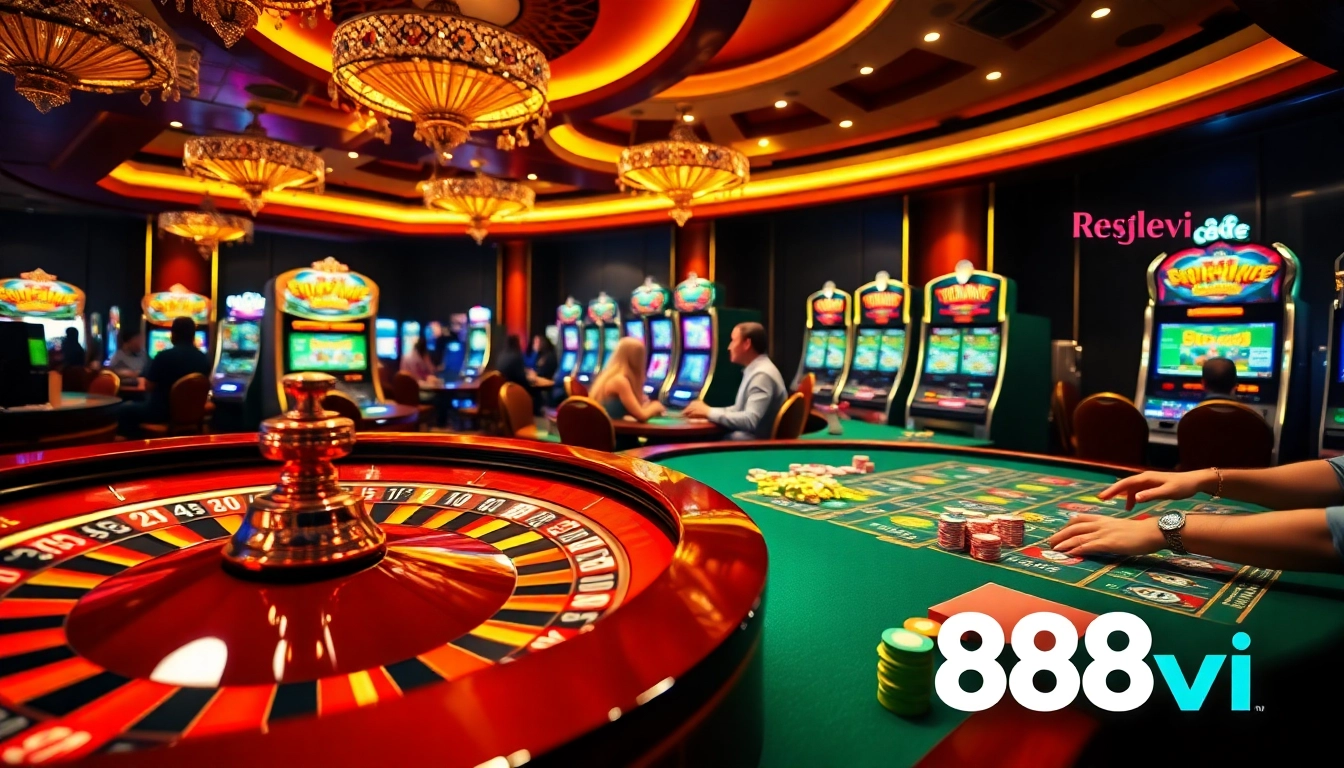 Players enjoying exciting games at 888vi casino with roulette and poker tables.