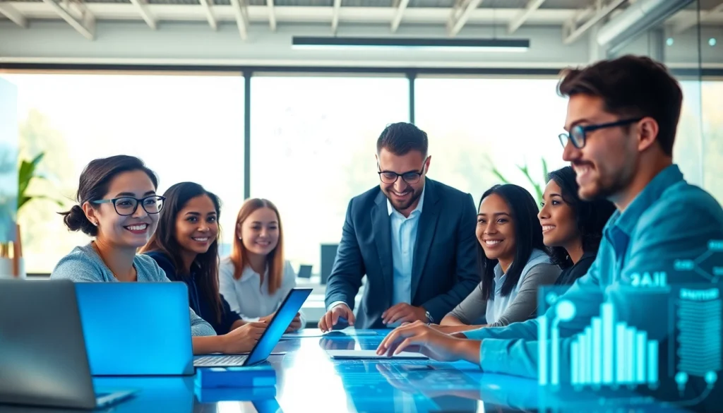 Dynamic workspace showcasing professionals creating AI solutions with innovative technology, reflecting ia +18.