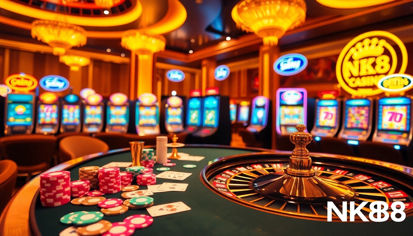 Experience the excitement of NK88 with vibrant casino visuals showcasing poker chips and roulette wheels.