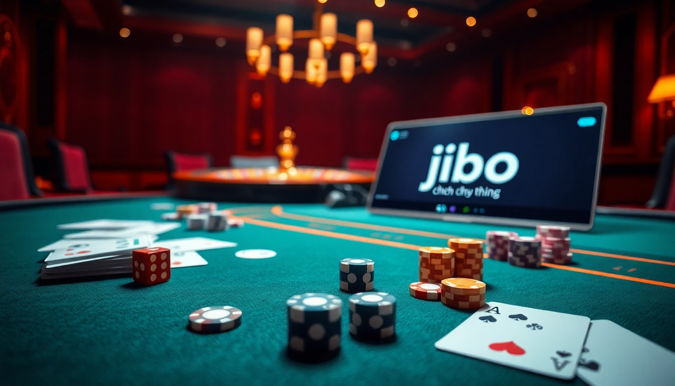 Experience the luxury of jbo chính thức with a vibrant casino scene filled with cards, chips, and dice.