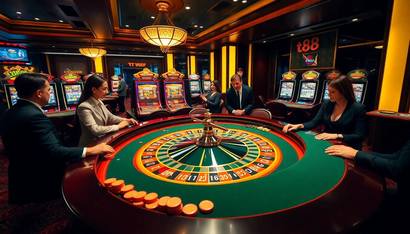 Engaged gamblers at a luxurious tt88 casino table enjoying an exciting roulette game.