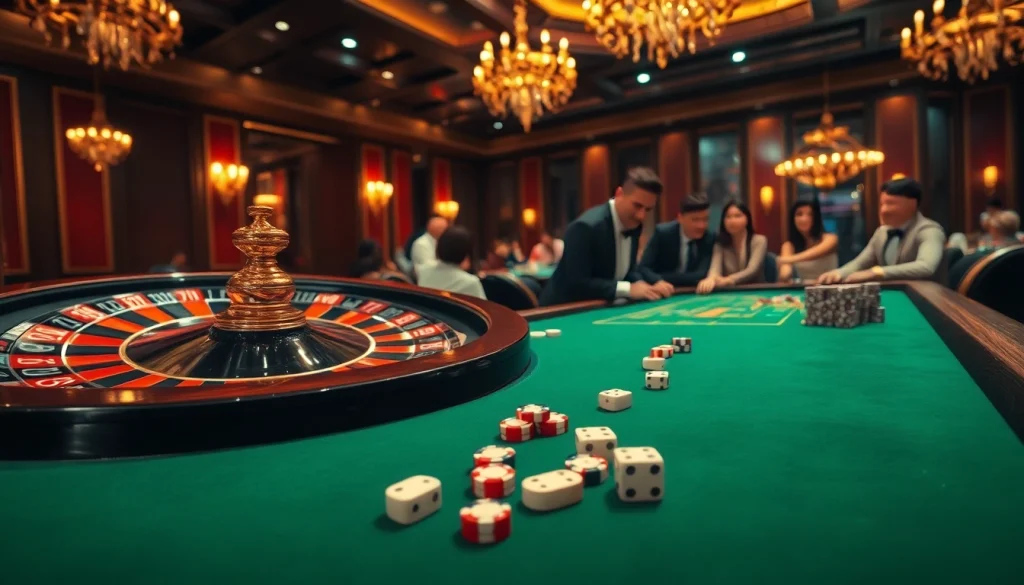 Experience high-stakes gambling action at https://sv88s.pro with players enjoying roulette and poker games in a luxurious casino setting.