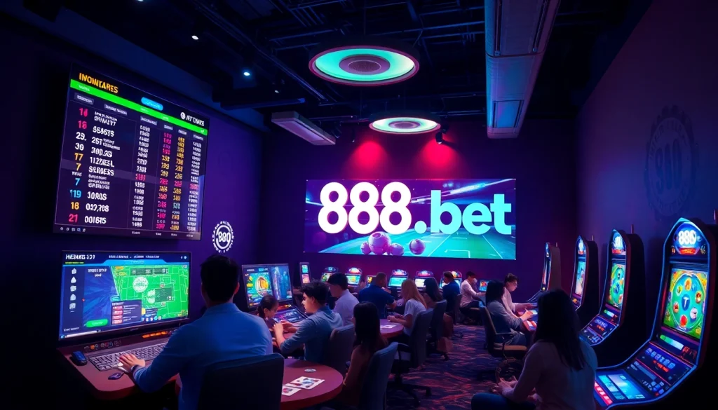 Interactive sports betting scene showcasing 888b.bet with vibrant colors and digital interfaces.