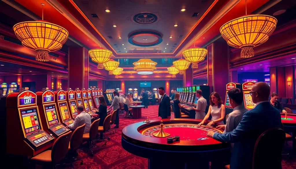 C54.gb.net casino experience with vibrant gambling scene featuring tables and slot machines.