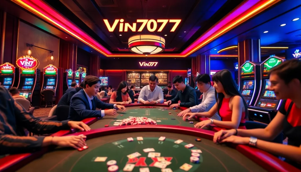 Exciting casino atmosphere at vin777.gb.net with players enjoying games and vibrant decor.