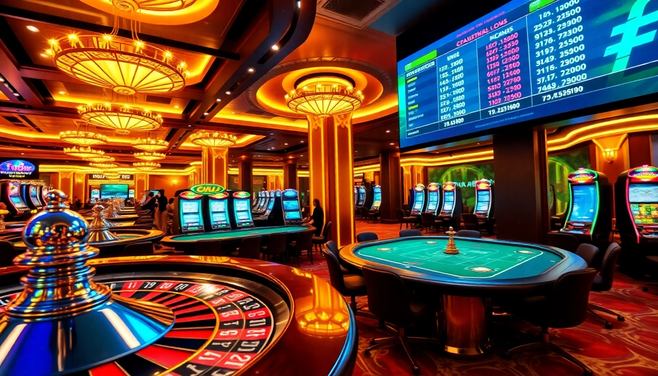 Gamblers enjoying the excitement of fun88.com at a luxurious casino with vibrant games and betting action.
