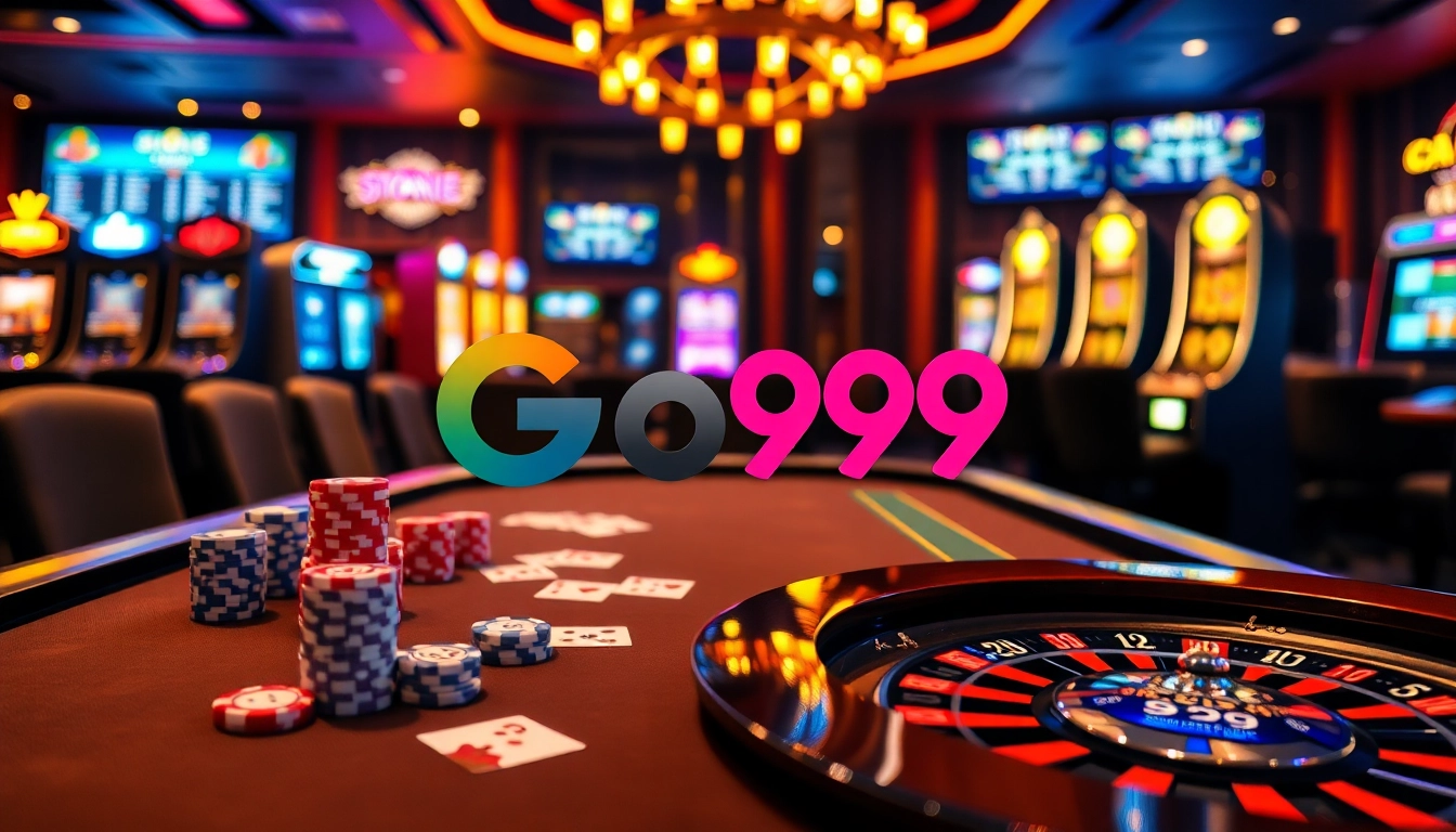 Experience thrilling gameplay at Go99 with vibrant casino tables, poker chips, and roulette wheels.