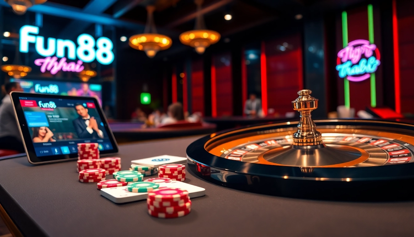 Engaging Fun88 Thai casino experience with poker chips and roulette wheel in luxurious setting.