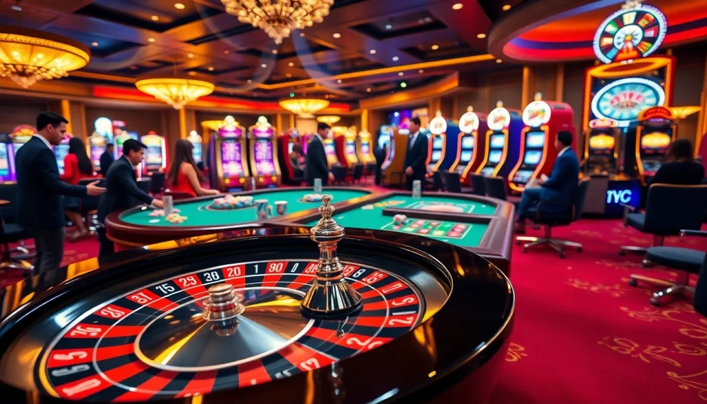 Exciting casino atmosphere at https://s666hn.com/ featuring roulette, poker chips, and slot machines.