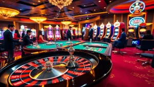 Exciting casino atmosphere at https://s666hn.com/ featuring roulette, poker chips, and slot machines.