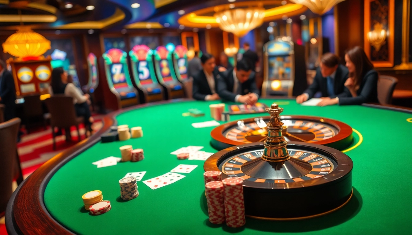 33win interactive casino scene showcasing players at a poker table with vibrant gaming elements.