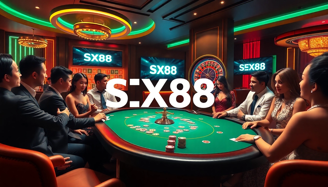 SX88 players enjoying high-stakes poker and roulette in a luxurious casino environment.
