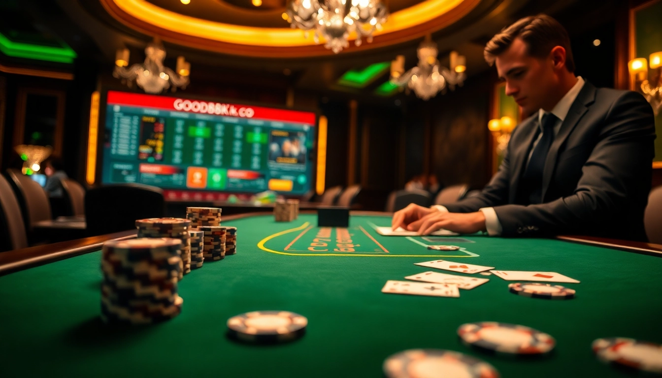 Experience the thrill of gambling at https://good88k.co/ with poker chips and cards on a high-stakes table.