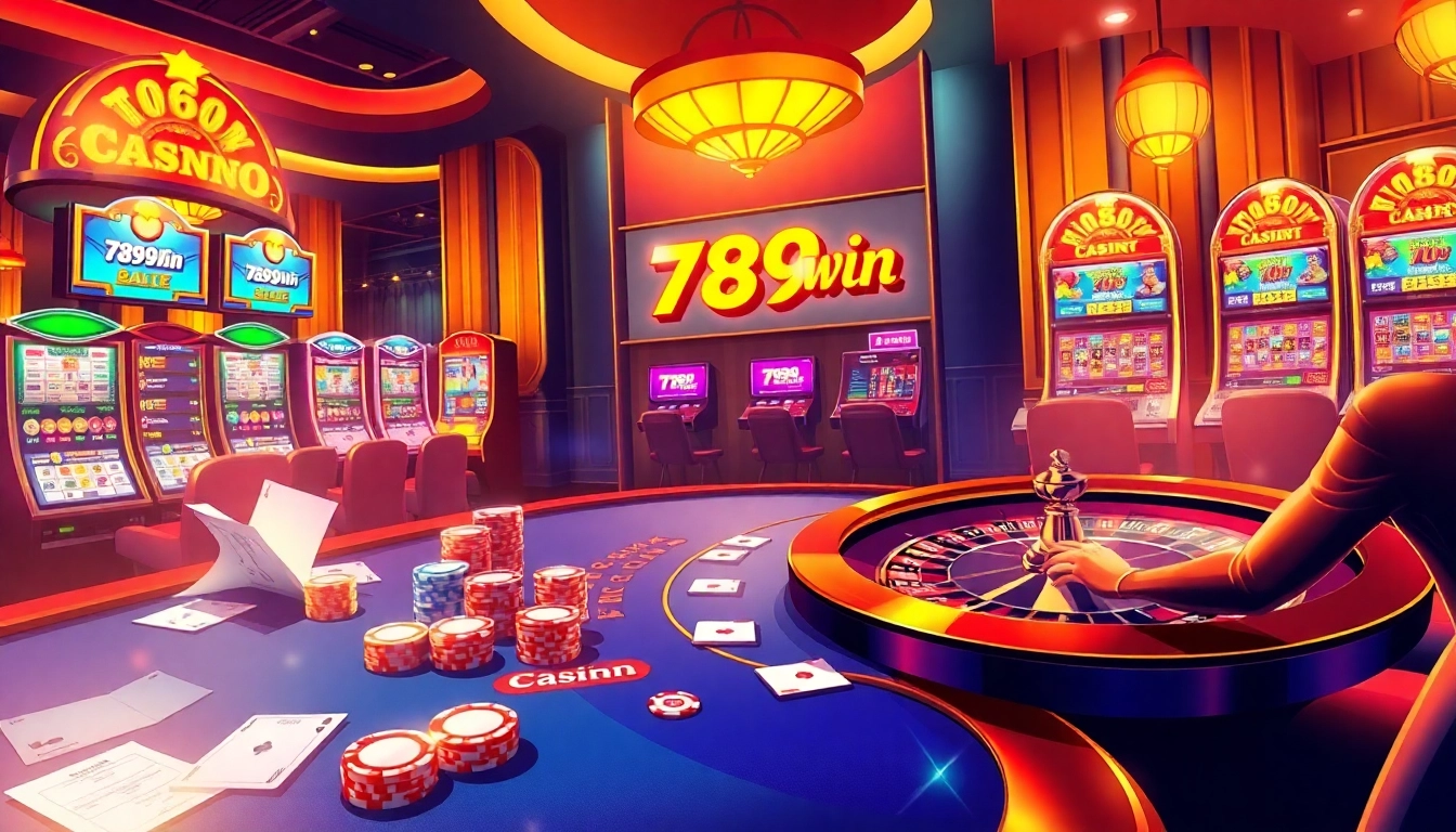 Enjoy thrilling gameplay at 789win casino with vibrant poker chips and exciting slot machines.