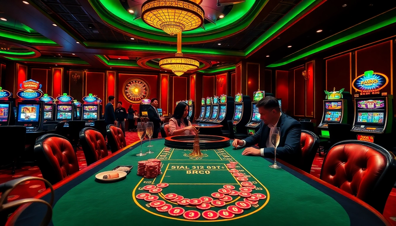 Bangsawan88 showcases an elegant casino scene with exciting roulette and poker tables, highlighting a thrilling gambling atmosphere.