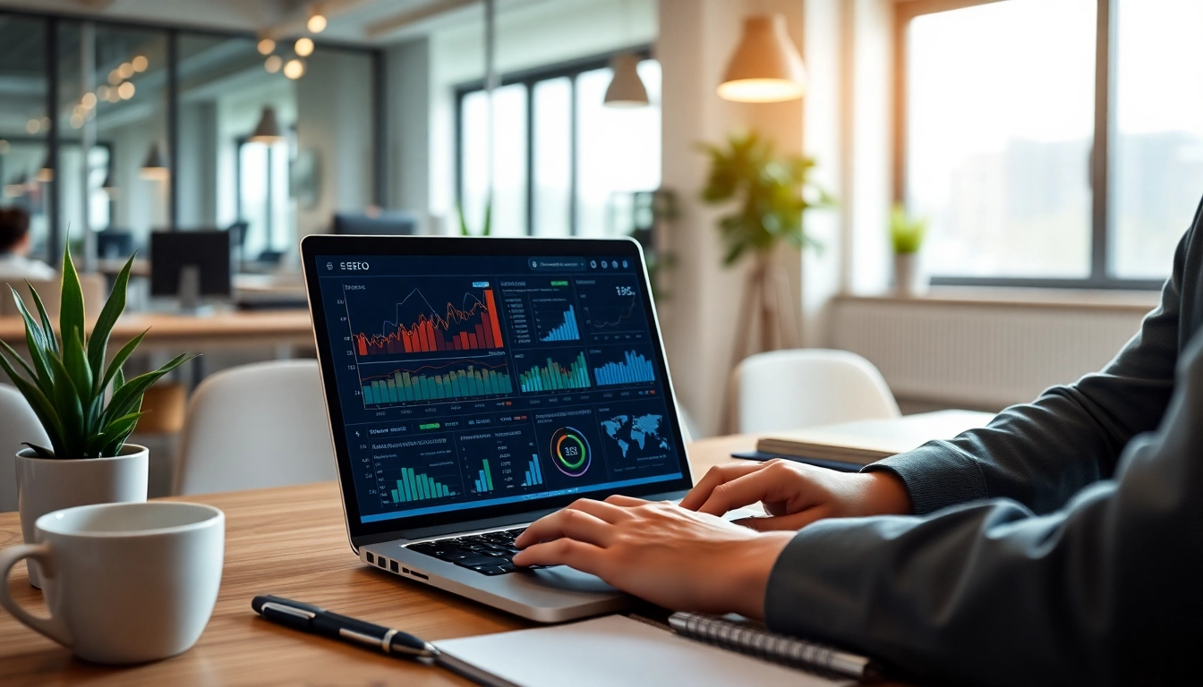 Analyzing SEO Rank metrics in a modern office with graphs and data.