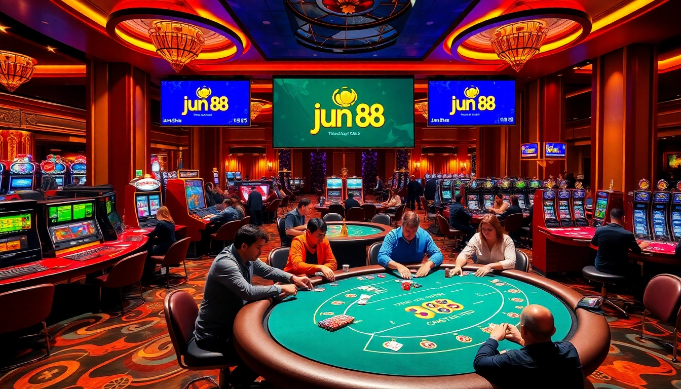 Players enjoying a thrilling game at jun 88 casino, surrounded by vibrant colors and excitement.