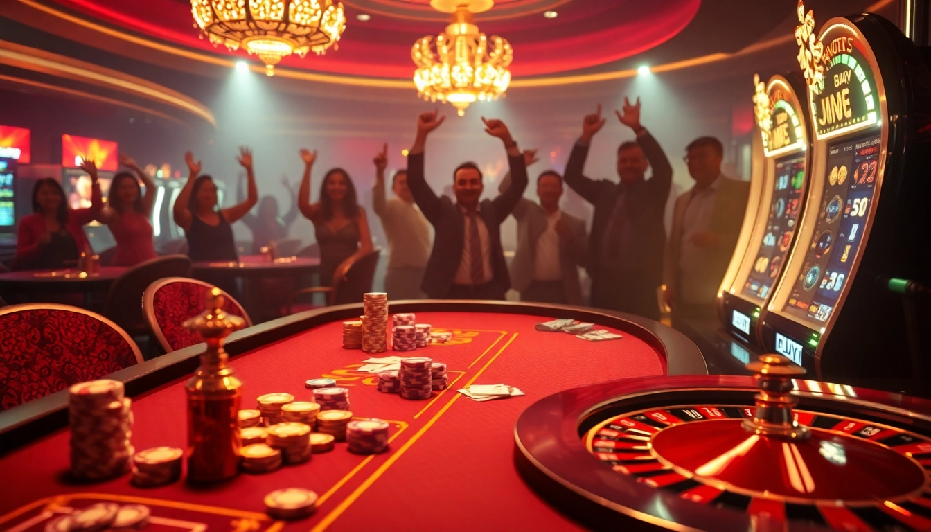 Engaging casino scene featuring 8DAY, poker table, and dynamic slot machines.