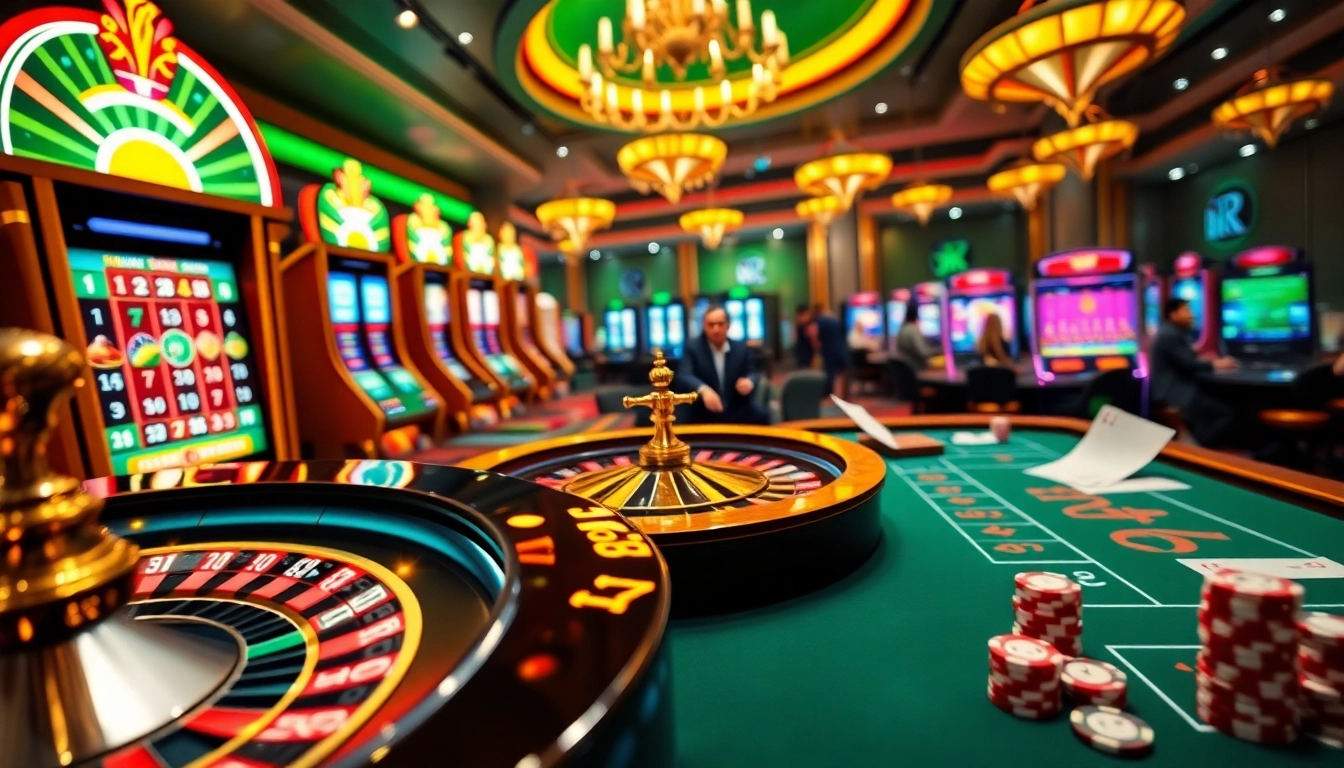 Players enjoying the excitement of fun88 with vibrant slot machines and roulette wheels in a lively online casino atmosphere.