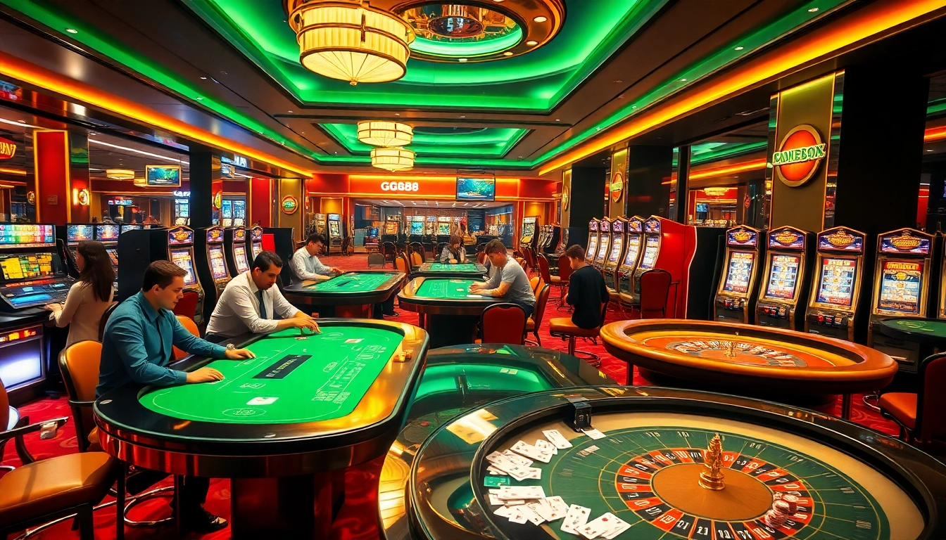 Players enjoying a thrilling game at gg88 com casino with vibrant lights and sophisticated tables.