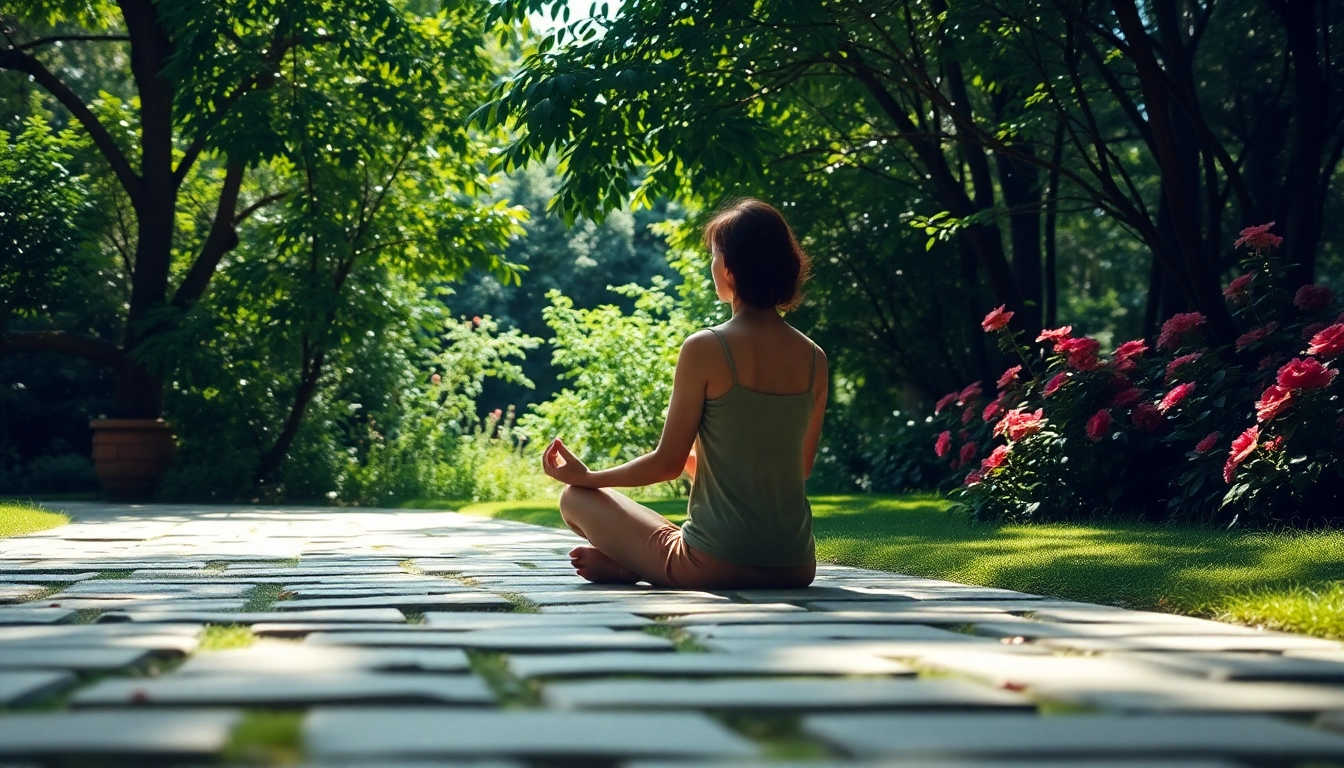 Embracing mental wellness in a peaceful garden with a meditative person, surrounded by nature.