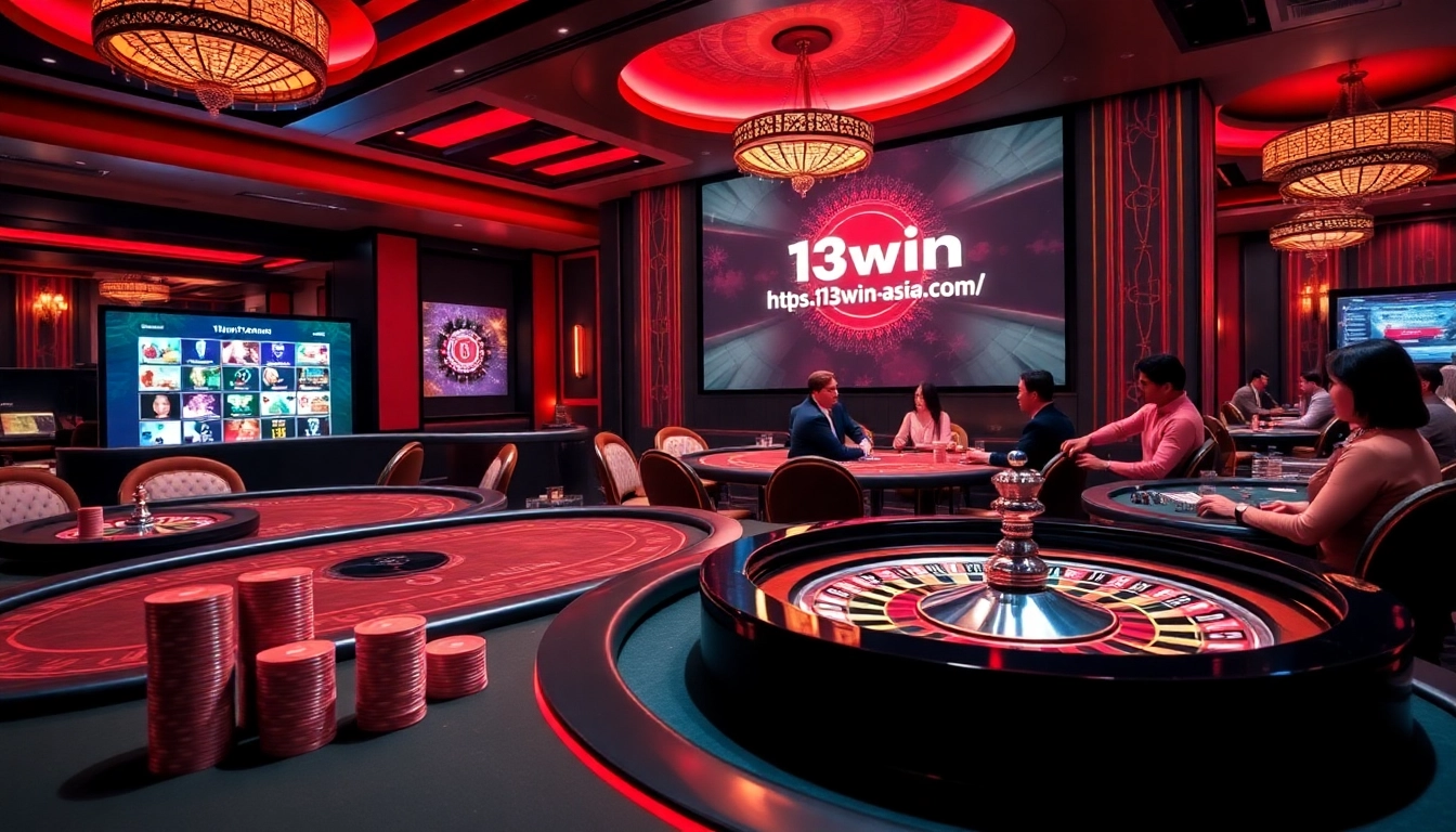 Experience thrilling online gambling at https://13win-asia.com/ with poker chips and roulette wheels in action.