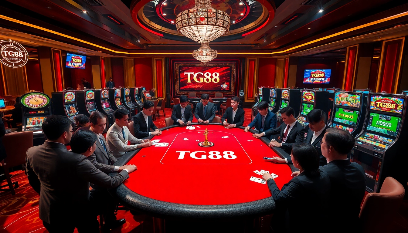Players enjoying a lively TG88 card game with vibrant casino elements in a luxurious setting.