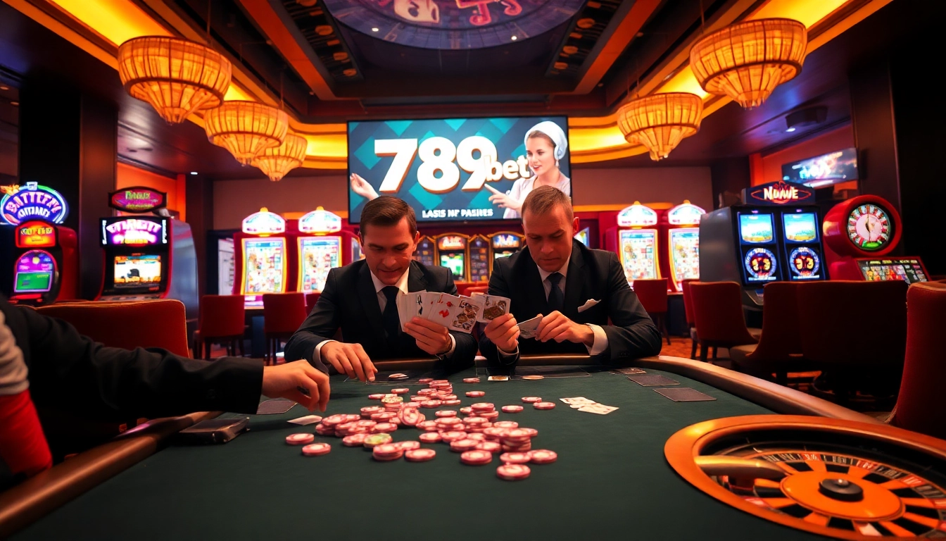 Engaging gamblers at a luxurious poker table, showcasing 789bet link mới and vibrant casino games.