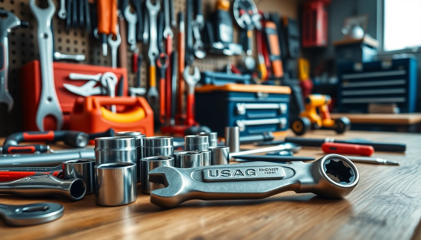 Showcase of USAG tools including wrenches and toolboxes in a professional workshop setting.