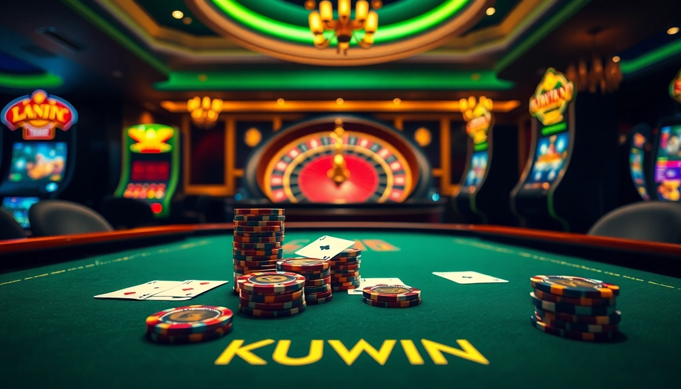 Engaging scene of KUWIN poker table showcasing high-stakes gaming excitement with vibrant cards and chips.