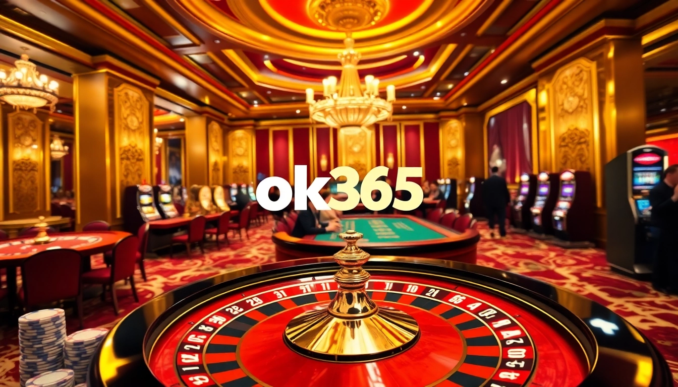 Players enjoying their time at ok365's vibrant casino with poker chips and roulette wheel.