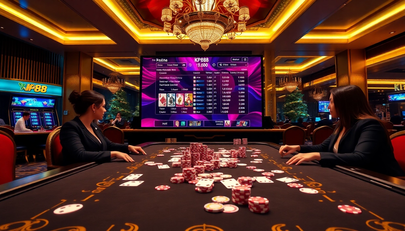 Experience excitement at KP88 with a vibrant casino scene showcasing online gambling elements.