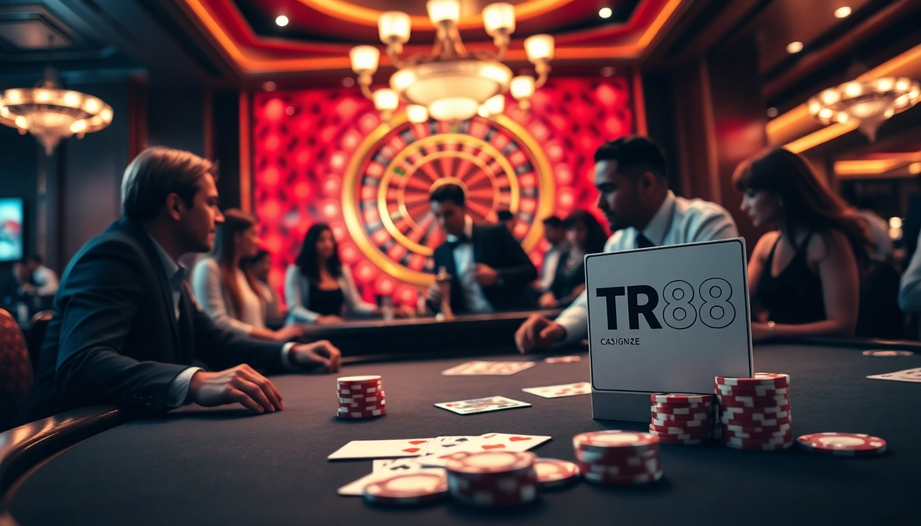 Experience the thrill of TR88 with a luxurious poker table setup and vibrant casino ambiance.