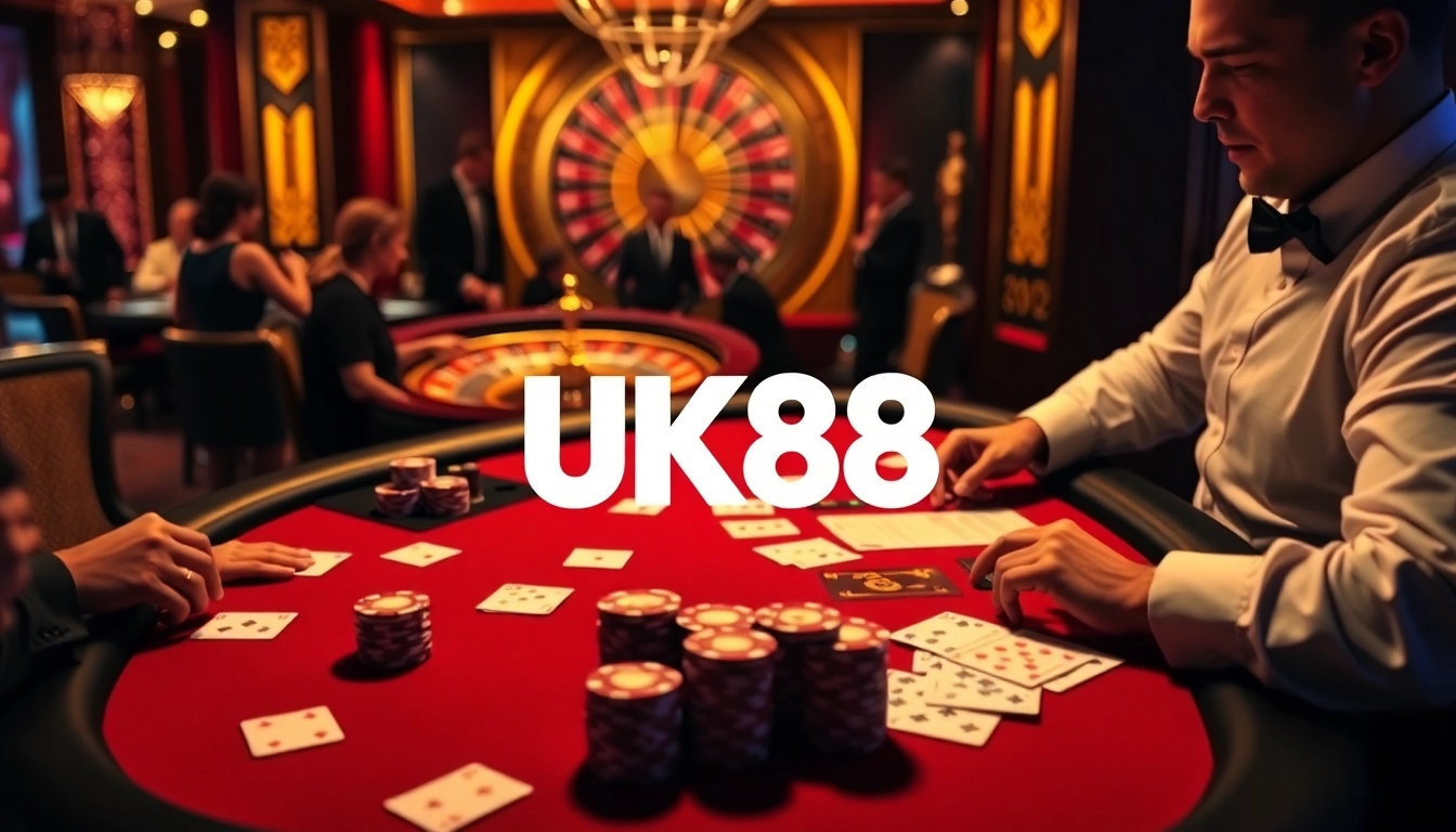 Excited gamblers place bets at the UK88 poker table, a luxurious casino setting.