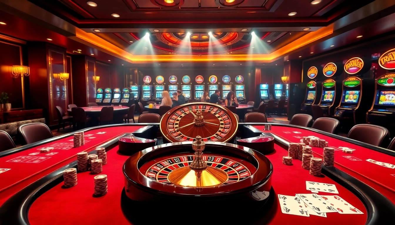 Experience the excitement of gambling at 98win's luxurious casino with vibrant tables and slot machines.