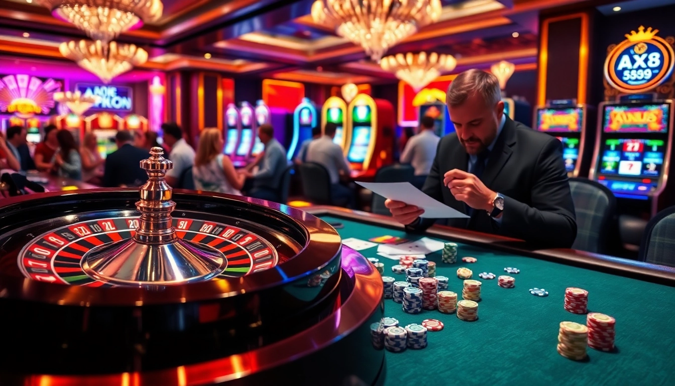 Engaging players at the AX88 roulette table in a vibrant casino environment.