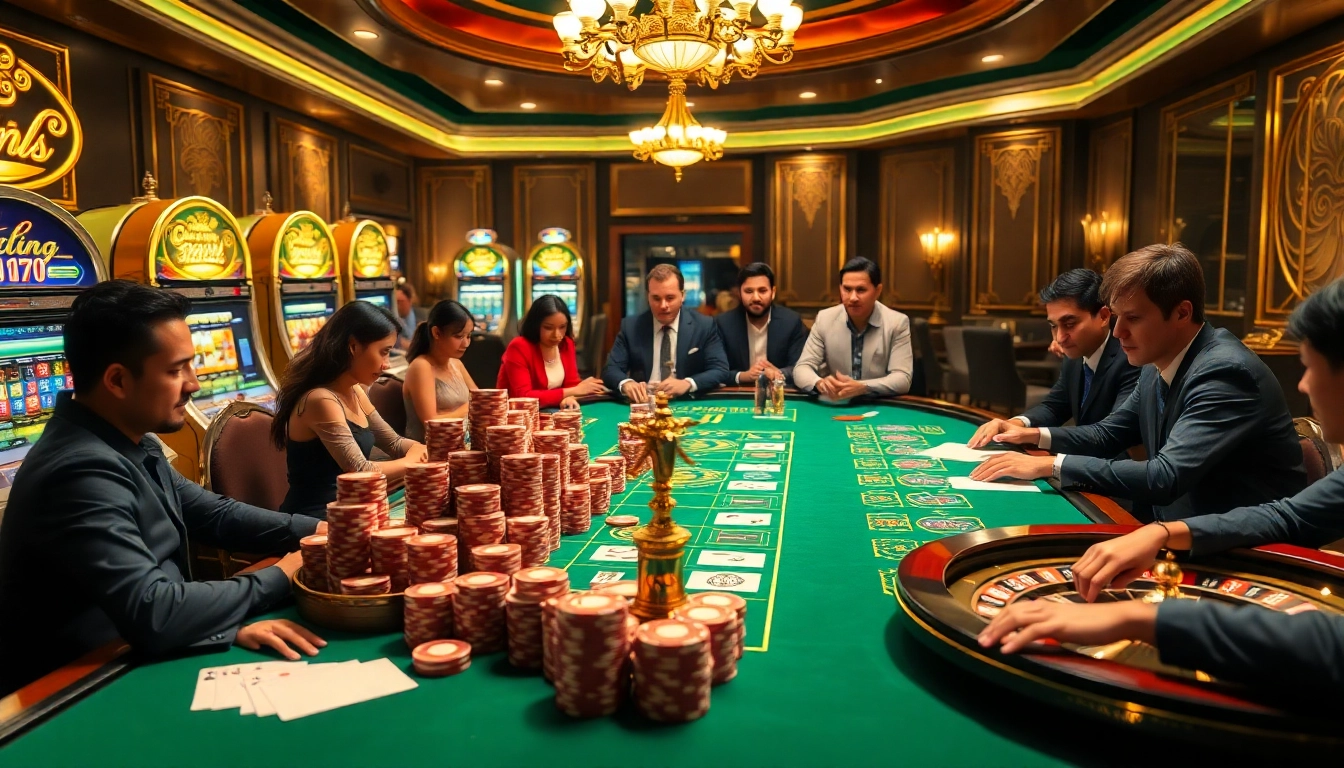 Experience the thrill of gambling at https://luongsontv5.com/ with a vibrant casino scene showcasing poker tables and slot machines.