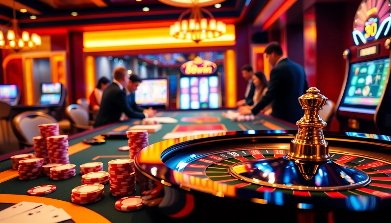 Experience exhilarating gameplay at 98win with vibrant casino elements, including poker chips and a roulette wheel.