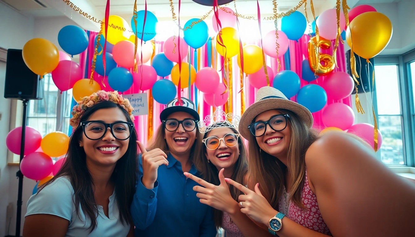 Capture fun moments with a photo booth rental decorated for celebrations and surrounded by joyful guests.