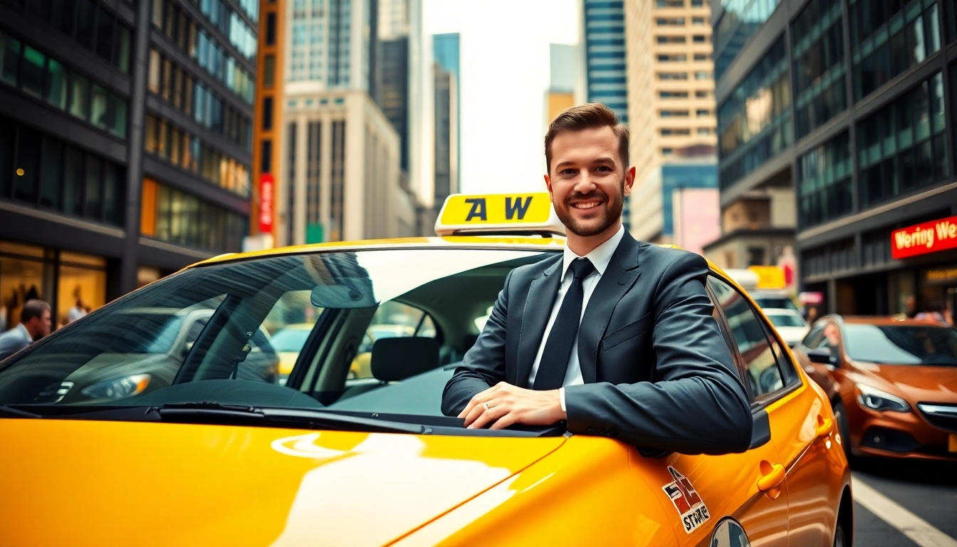 Taxi parked in a vibrant city area, showcasing the urban dynamic and professional driver.