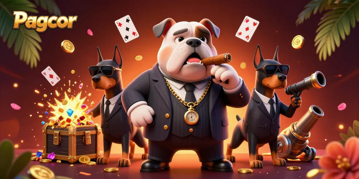 Spin and win at Pagcor, featuring a cartoon bulldog mob boss with gold coins and playing cards.