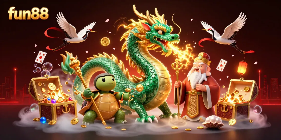 Experience thrilling gaming at fun88 with a vibrant illustration showcasing a jade dragon, lucky cranes, and gold treasures.
