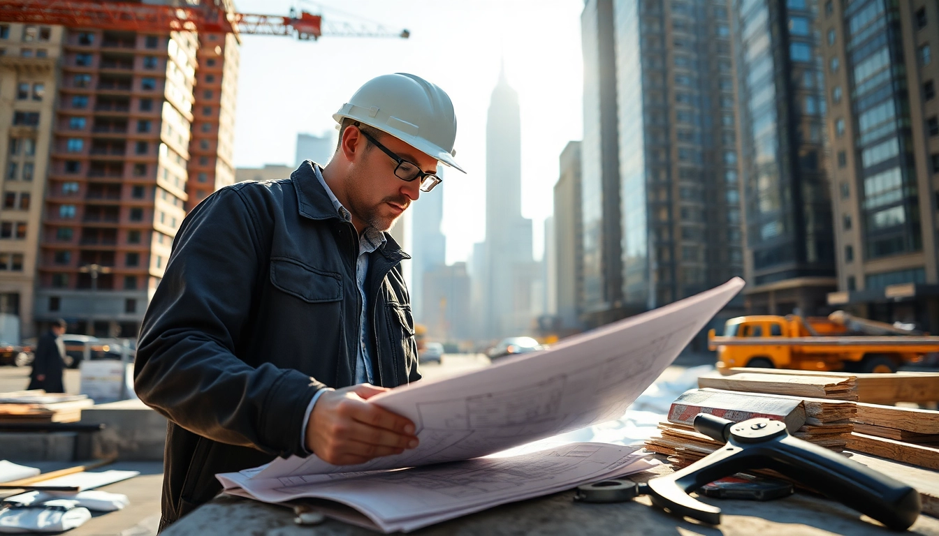Engaged New York City General Contractor assessing plans on a vibrant construction site.