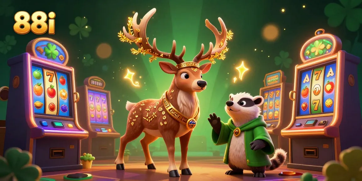 Spin slot reels with the vibrant 88i characters amidst a dazzling casino backdrop.