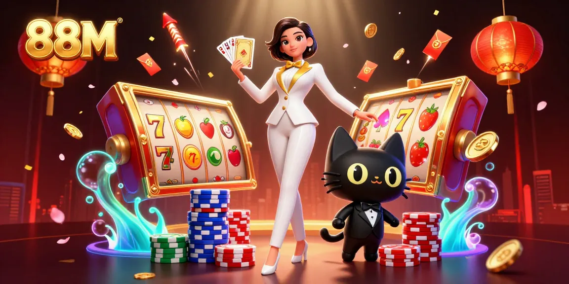 88M showcases a glamorous woman shuffling cards with a tuxedoed cat in a vibrant casino scene.