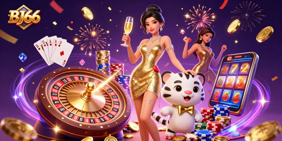 Experience BJ66 excitement with a glamorous woman, a lucky tiger cub, and dazzling casino elements.