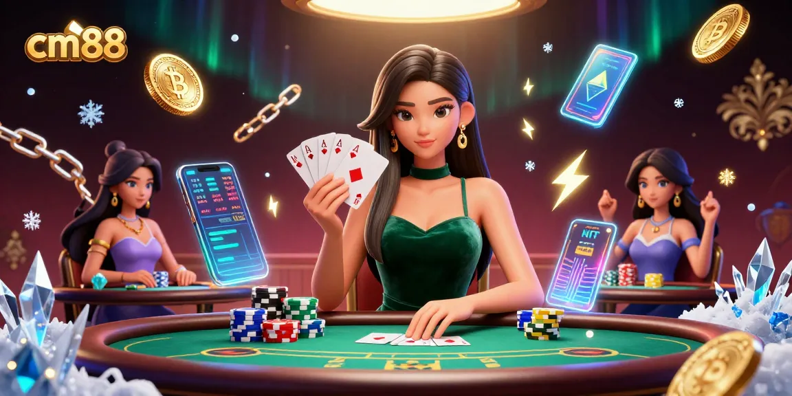 Engage with cm88's stunning 3D casino scene featuring poker elements and vibrant crypto coins.