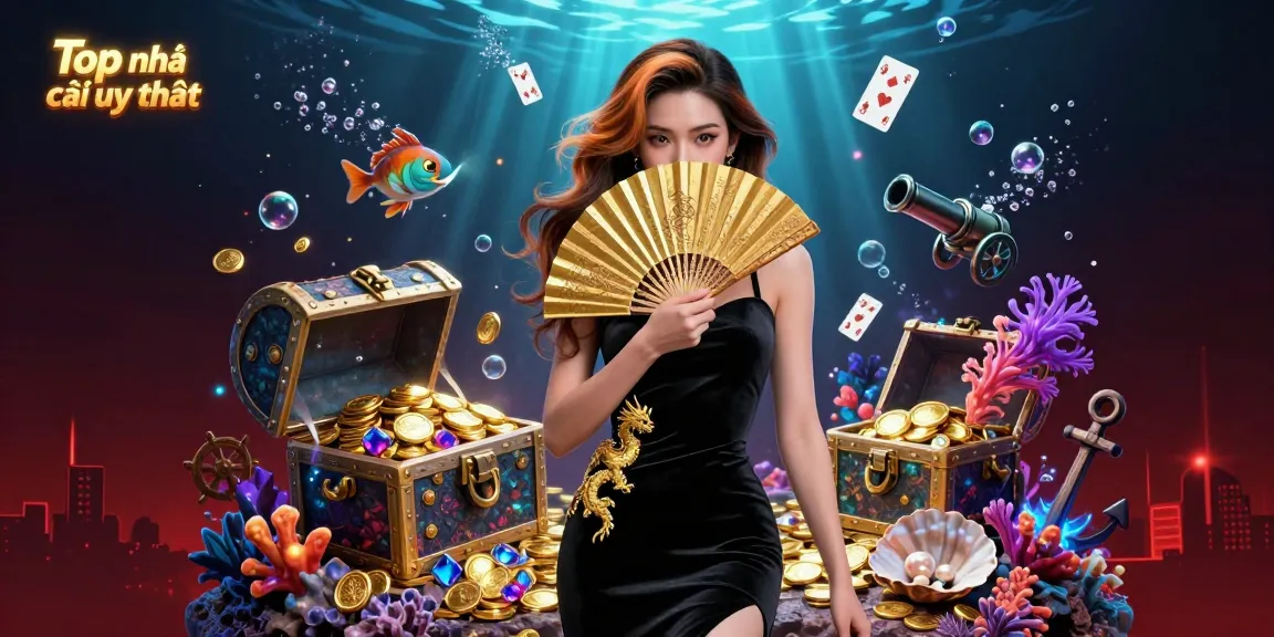 Engage in thrills of gambling at Top nhà cái uy tín with an elegant Asian woman celebrating winning treasures.